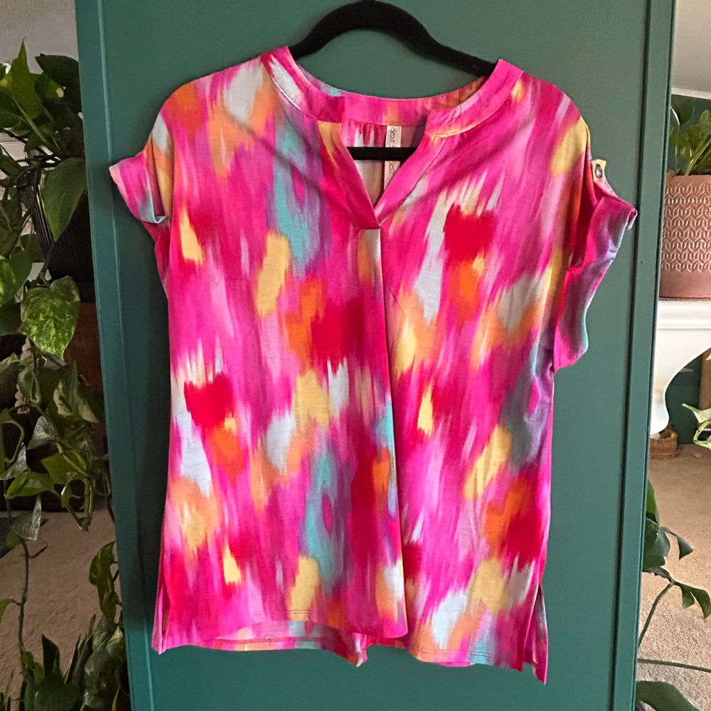 Dear Scarlett Vibrant Pink Multicolor Patterned Women's Top Spring Wrinkle free